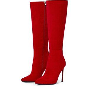 Women's Red Leather Suede Knee High Stiletto Tall Pointed Toe Stylish Boot